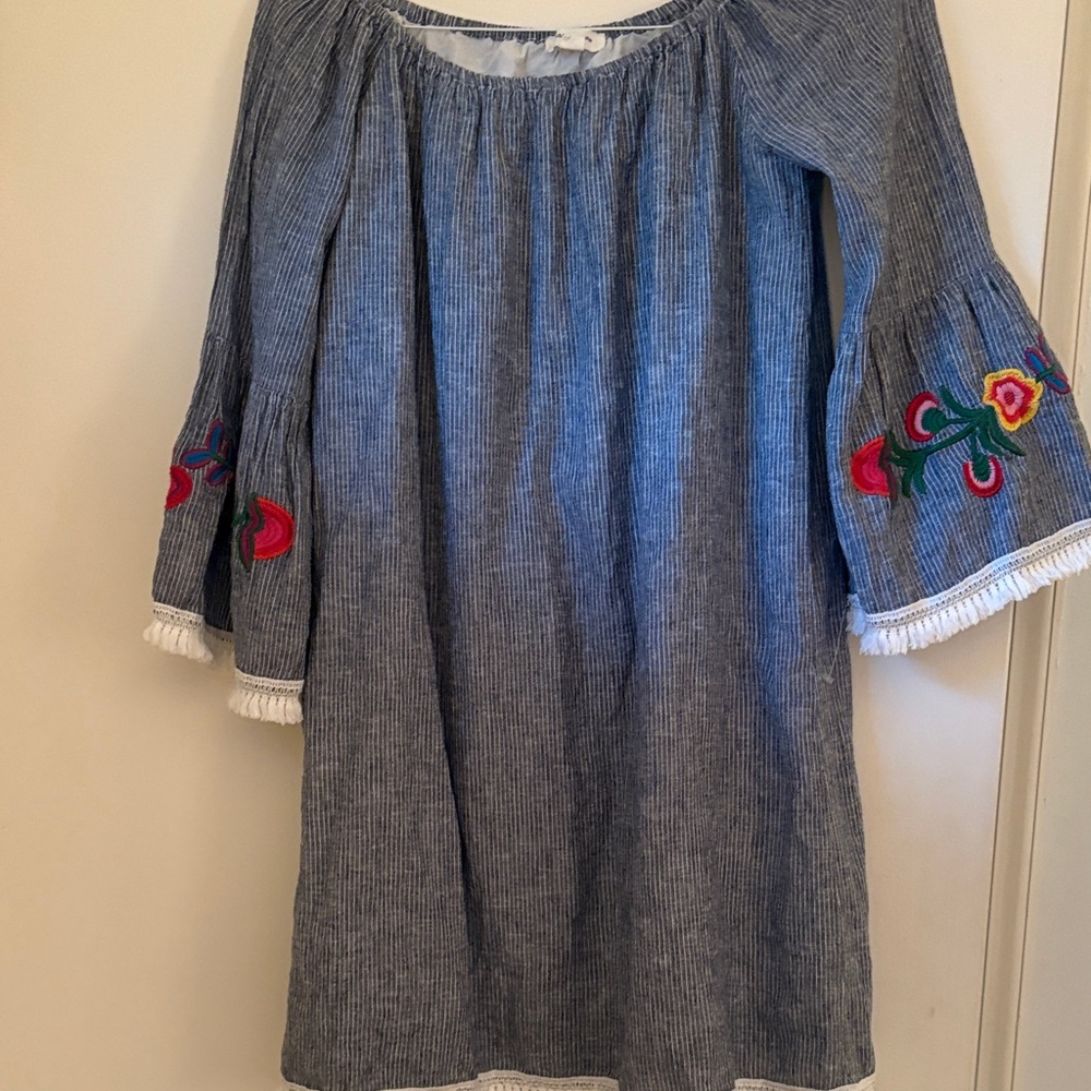 Blue Striped Women’s Dress/Coverup with Gorgeous Embroidered Sleeves